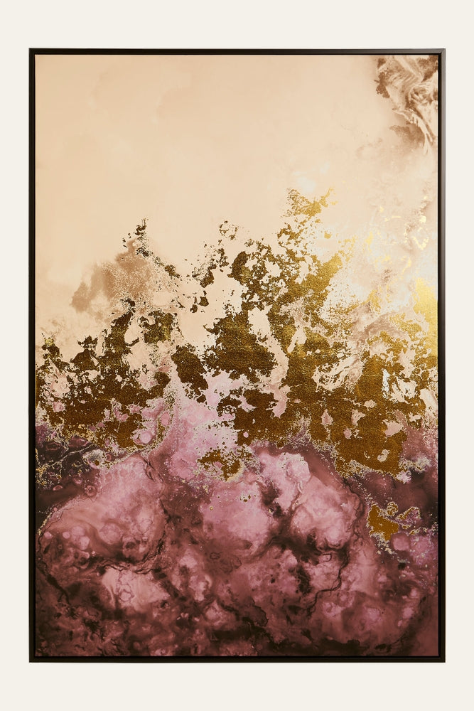 Dorven Mauve Wall Art — vertical framed abstract piece with deep mauve marbled lower section, creamy beige upper area, and metallic gold leaf-like splatter accents in a thin dark frame