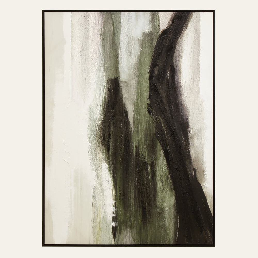 Dorven Textured Abstract Wall Art, framed textured canvas with vertical brushstrokes in olive green, black and off-white, visible paint texture and slim black frame.