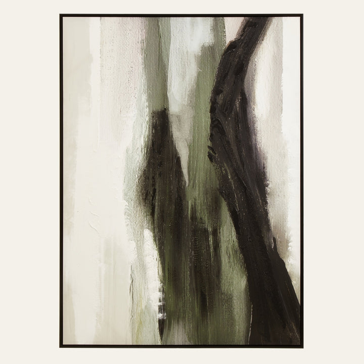 Dorven Textured Abstract Wall Art, framed textured canvas with vertical brushstrokes in olive green, black and off-white, visible paint texture and slim black frame.