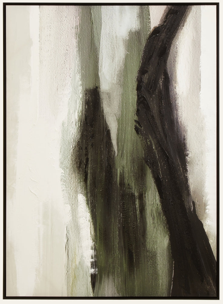 Dorven Textured Abstract Wall Art, vertical framed canvas with thick textured impasto brushstrokes in olive green, black and white and a slim black frame