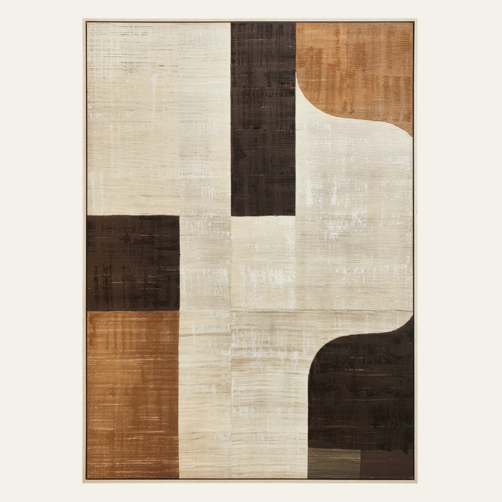 Dorven Textured Canvas Wall Art — abstract textured canvas with cream background, rectangular and curved blocks in dark brown and warm tan, visible horizontal brushstrokes and a thin light frame