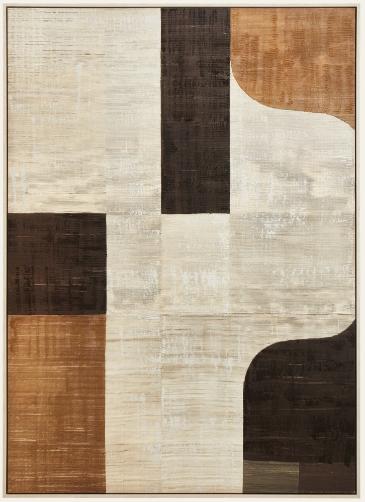 Dorven Textured Canvas Wall Art, abstract geometric composition of cream, dark brown and tan rectangular and curved blocks with visible textured brushstrokes on stretched canvas in a thin wood frame