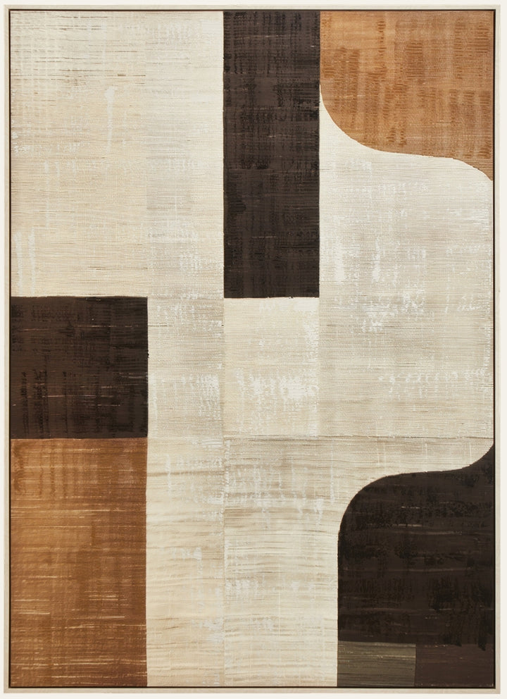 Dorven Textured Canvas Wall Art, abstract geometric composition of cream, dark brown and tan rectangular and curved blocks with visible textured brushstrokes on stretched canvas in a thin wood frame