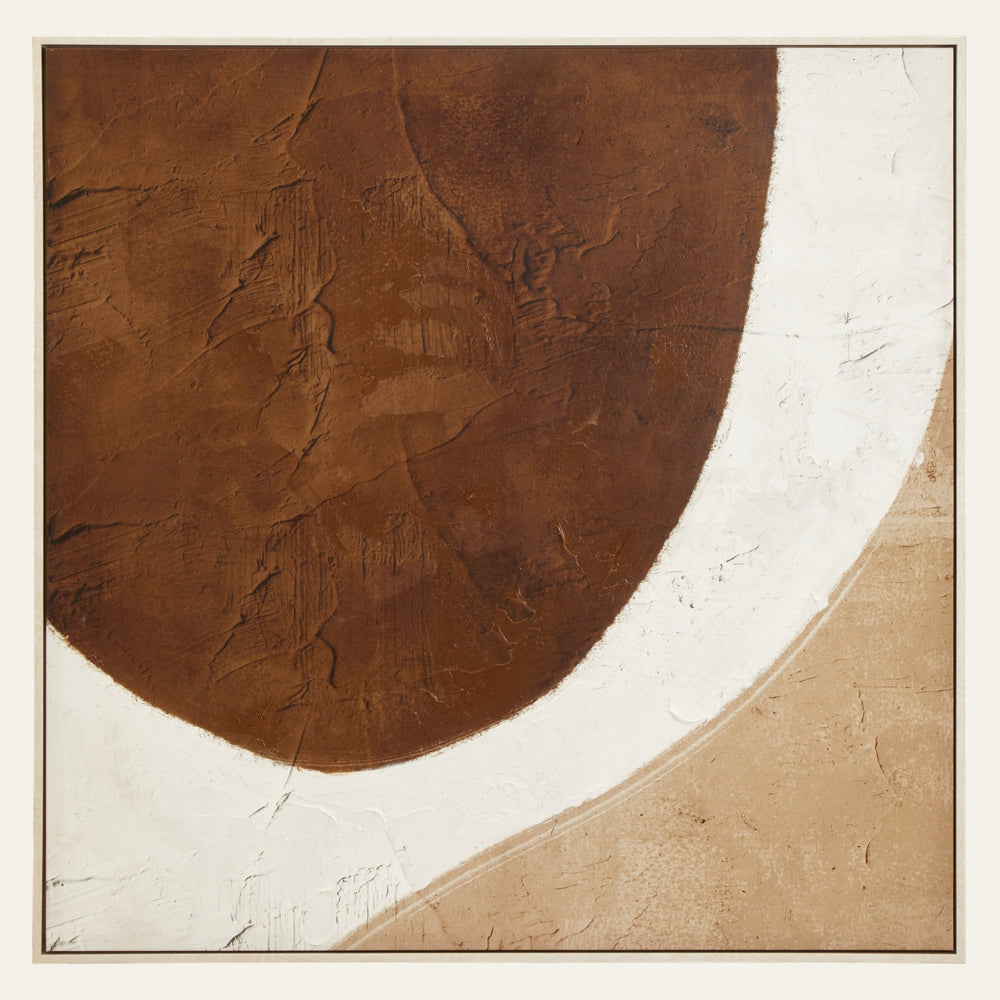 Dorven Textured Wall Art — abstract textured painting with a large dark brown semicircle, thick white curved band and beige background, visible impasto texture in a thin light frame