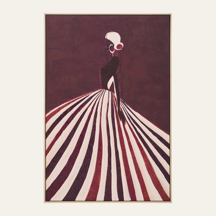 Dorven Wall Art — stylized female silhouette in profile with a swept-up hairstyle and hoop earring, wearing a wide burgundy-and-ivory striped gown on a deep burgundy canvas, shown in a thin light wood frame.