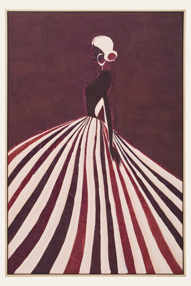 Dorven Wall Art — framed textured painting of a stylized woman in a black bodice with a voluminous pale-pink and burgundy striped skirt, white hair in a bun and hoop earring against a deep burgundy background, thin light wood frame.