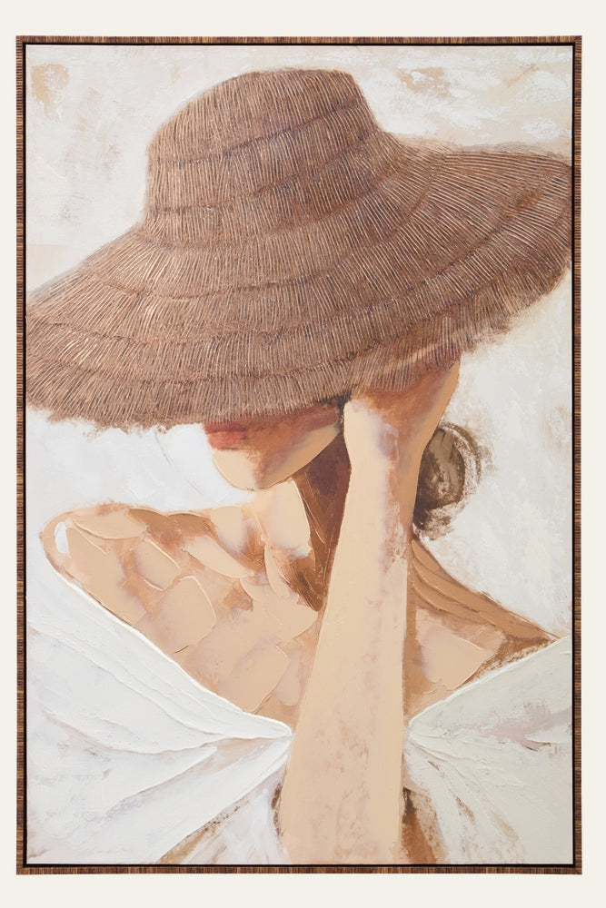 Dorven Wall Art — textured painting of a woman wearing a wide straw sunhat that hides her eyes, soft neutral tones with visible impasto brushstrokes, thin wooden frame