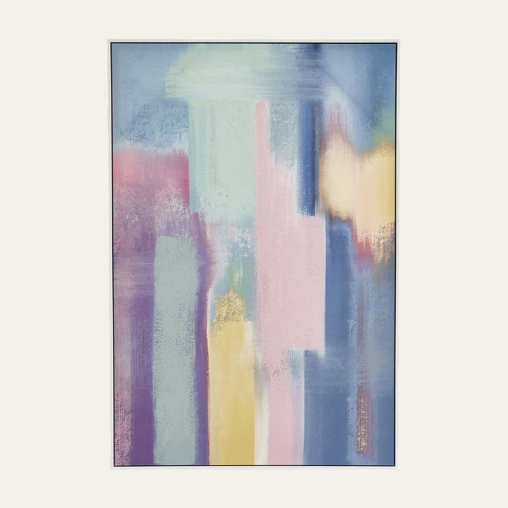 Dorven Watercolour Effect Wall Art, vertical framed abstract watercolor-style print with soft pastel vertical blocks in blue, pink, purple, yellow and mint