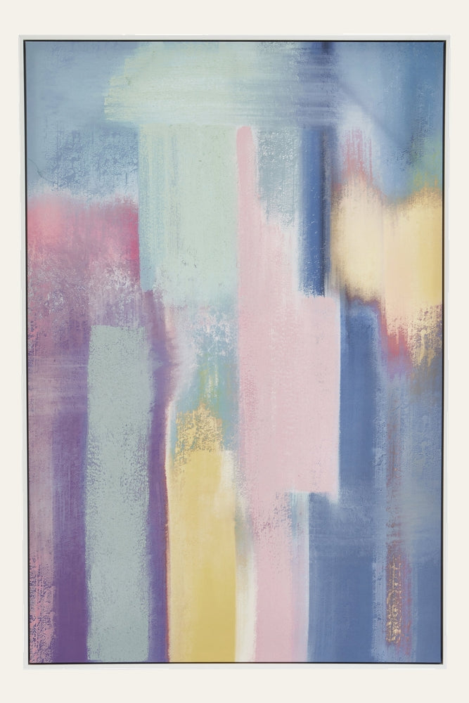 Dorven Watercolour Effect Wall Art — framed rectangular wall art with vertical pastel watercolour-like washes and blended blocks in blue, pink, lavender, mint and pale yellow, soft textured finish and thin dark frame.