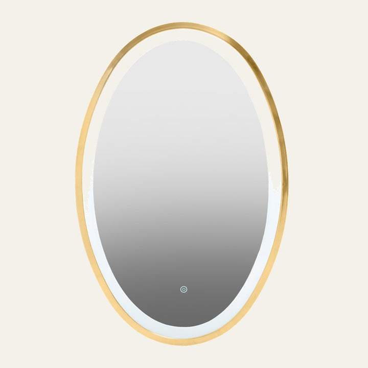 Eamon Mirror: oval wall mirror with slim gold metal frame, white inner trim, and touch power icon at the bottom
