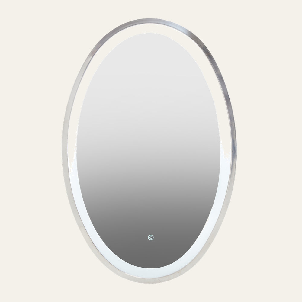 Eamon Mirror — oval wall mirror with slim silver frame, integrated illuminated LED light ring and touch power button at bottom