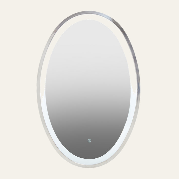 Eamon Mirror — oval wall mirror with slim silver frame, integrated illuminated LED light ring and touch power button at bottom