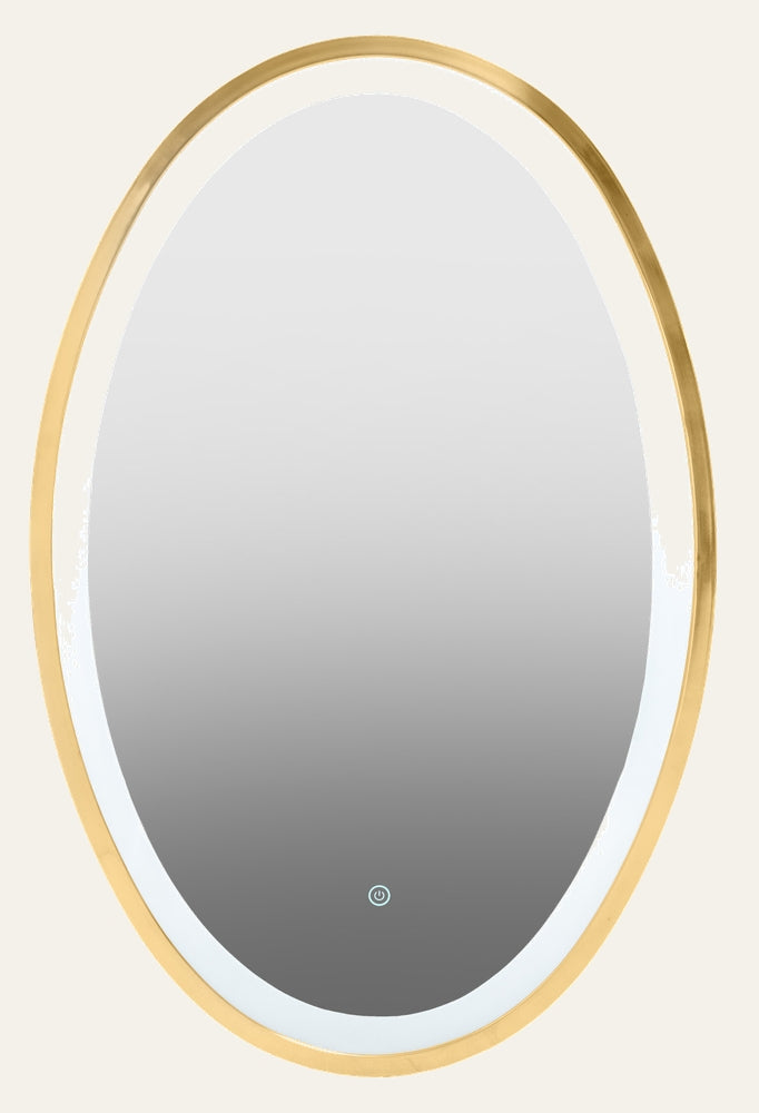 Eamon Mirror — oval wall mirror with thin gold metal frame, illuminated white inner ring and touch power symbol at the bottom