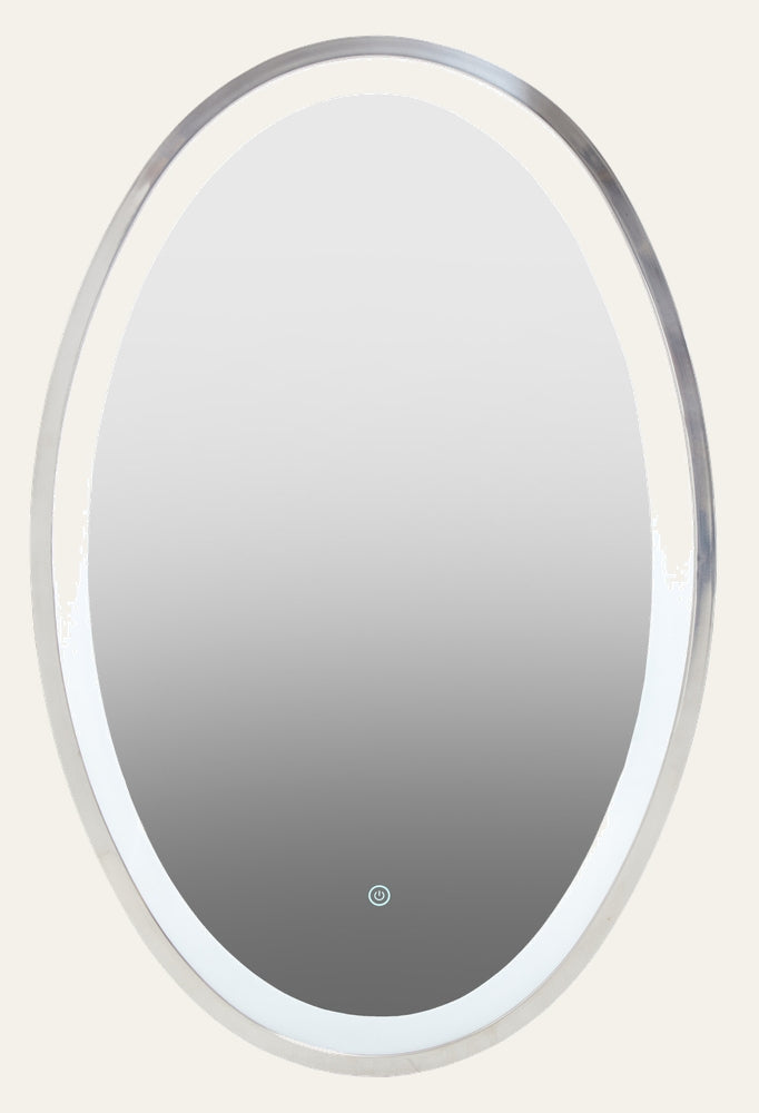Eamon Mirror — oval backlit LED wall mirror with silver metal frame and illuminated touch power button at bottom center.