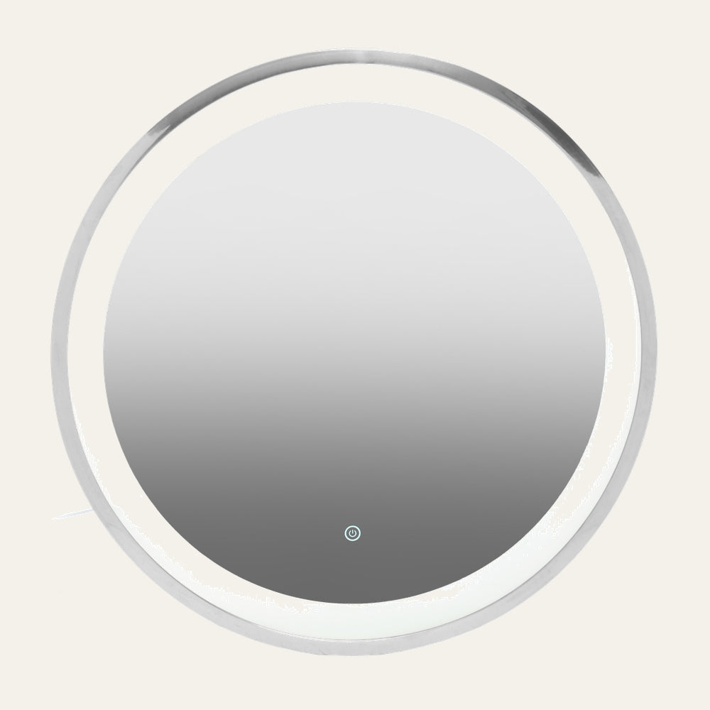 Eamon Round Mirror: round LED-lit mirror with polished chrome frame, illuminated white inner ring and touch power button at bottom center.