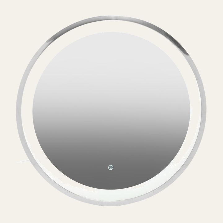 Eamon Round Mirror: round LED-lit mirror with polished chrome frame, illuminated white inner ring and touch power button at bottom center.
