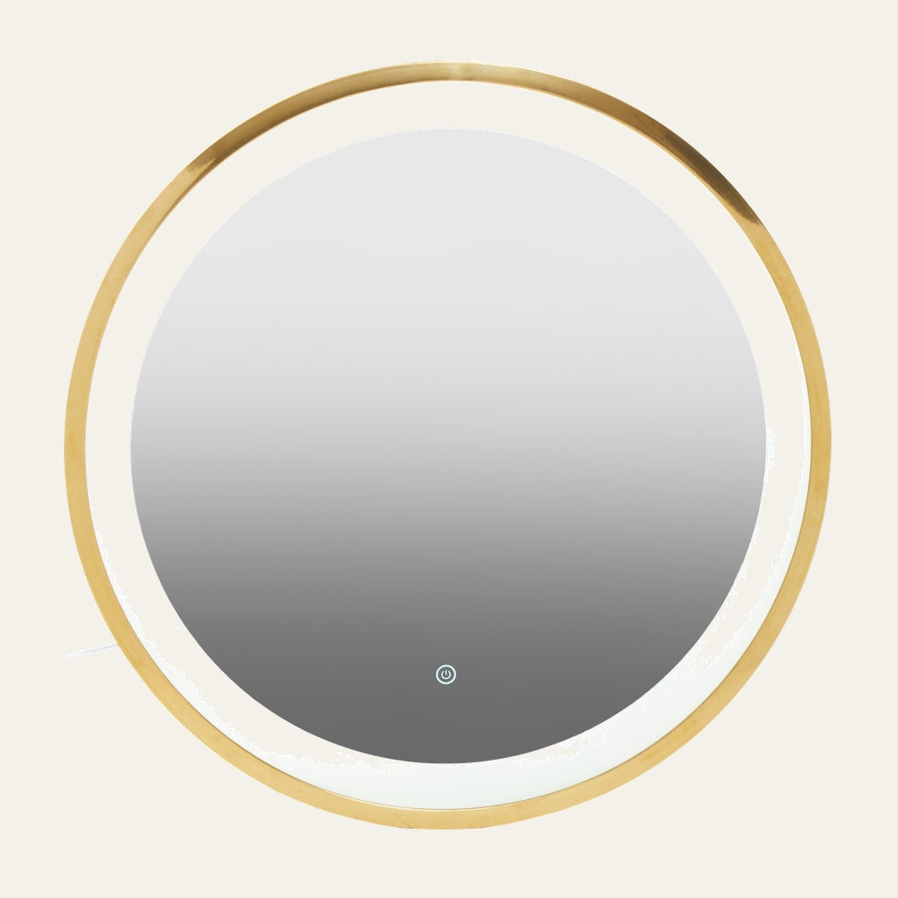 Eamon Round Mirror with thin gold metal frame, integrated white LED halo and bottom touch power button