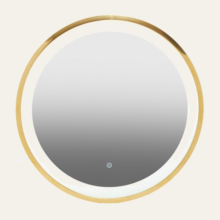 Eamon Round Mirror with thin gold metal frame, integrated white LED halo and bottom touch power button