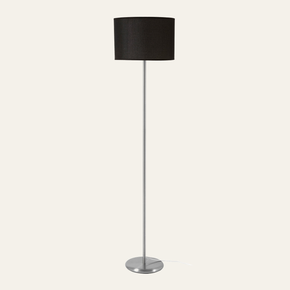 Elara Floor Lamp with black fabric drum shade, slender chrome pole and round chrome base