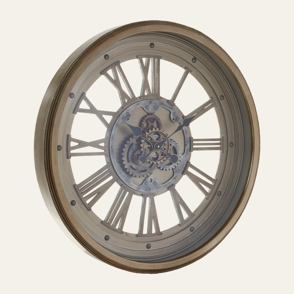 Elden Round Wall Clock with bronze-tone round frame, openwork Roman numerals, exposed metal gears in the center and black decorative hands
