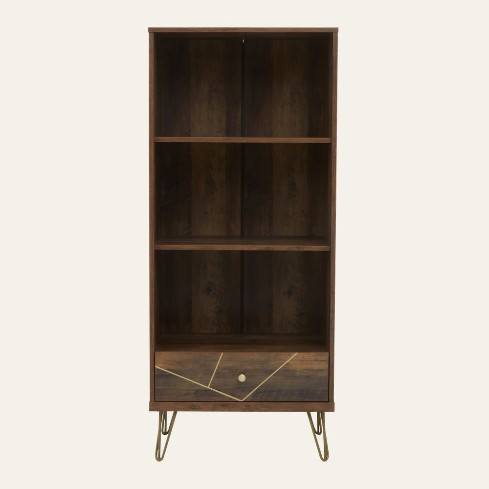 Elian Three Tier Wall Shelf — tall dark brown wood shelving unit with three open tiers, single drawer with gold-tone geometric inlay and round knob, supported on gold hairpin legs