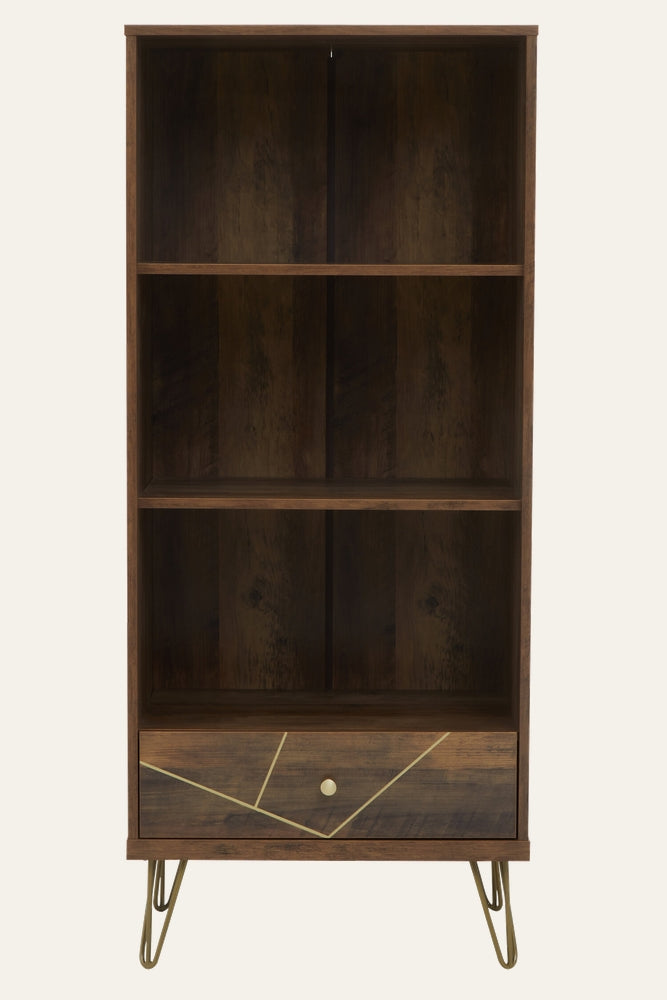 Elian Three Tier Wall Shelf — tall dark wood three-shelf unit with a single bottom drawer featuring gold geometric inlay and round knob, on brass-tone hairpin legs