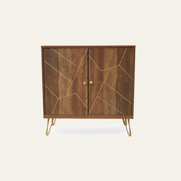 Elian Two Door Sideboard with warm brown wood finish, gold geometric inlay on the doors, two round gold knobs and gold hairpin legs