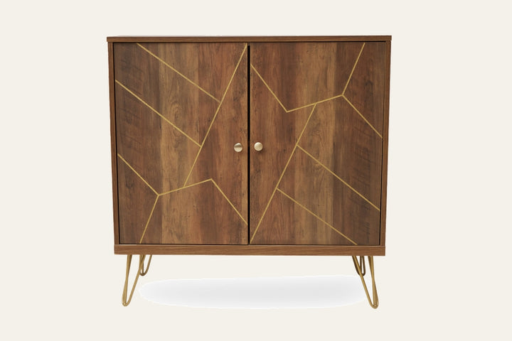 Elian Two Door Sideboard with walnut wood finish, gold geometric accents on the doors, round metal knobs and gold hairpin legs