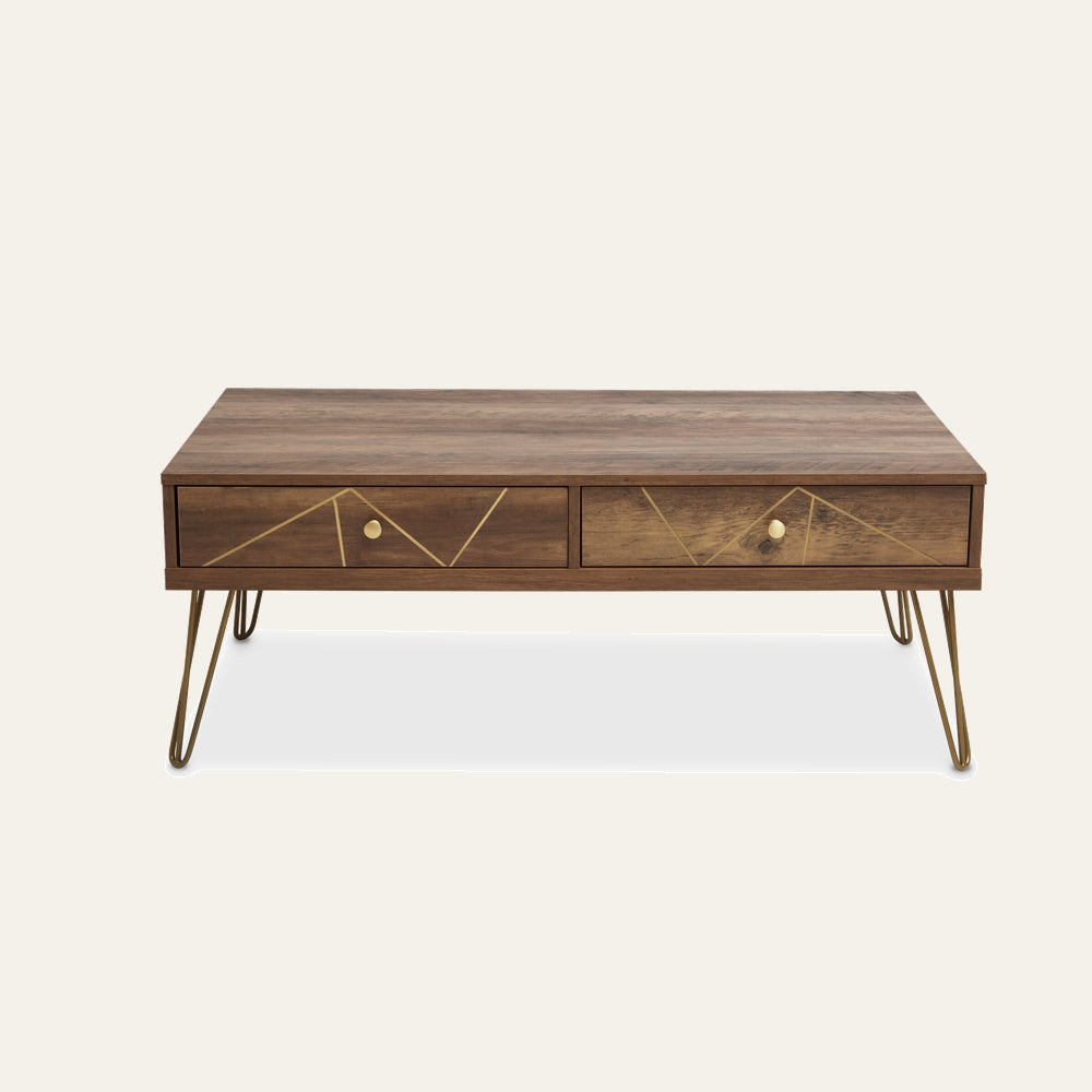 Elian Wood Coffee Table — rectangular warm brown wood coffee table with two front drawers, gold geometric inlay and round brass knobs, brass-finish hairpin legs