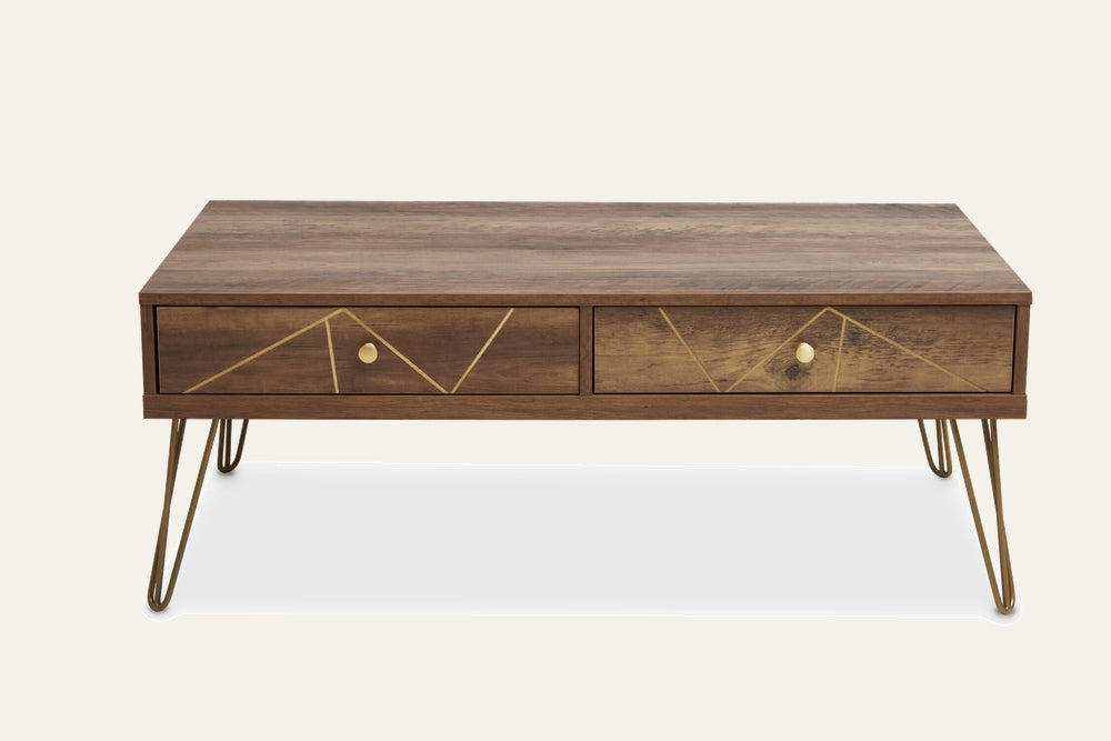 Elian Wood Coffee Table — rectangular medium-brown wood table with two front drawers featuring gold geometric inlay and round brass knobs, set on gold metal hairpin legs.