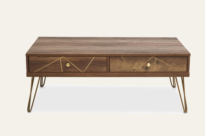 Elian Wood Coffee Table — rectangular medium-brown wood table with two front drawers featuring gold geometric inlay and round brass knobs, set on gold metal hairpin legs.