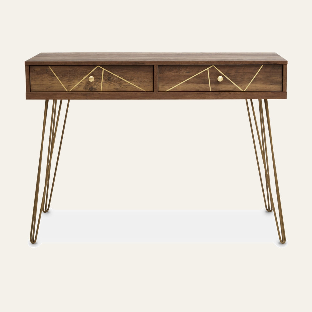 Elian Wood Console Table with warm brown wood top and two front drawers accented by gold geometric inlay and round brass knobs, on gold metal hairpin legs