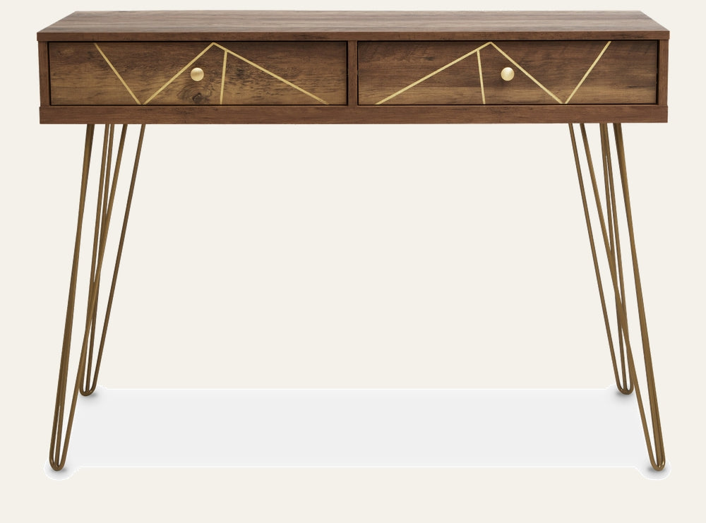 Elian Wood Console Table with rectangular warm brown wood top and two front drawers, gold geometric inlay and round brass knobs, supported by brass-finished hairpin metal legs.