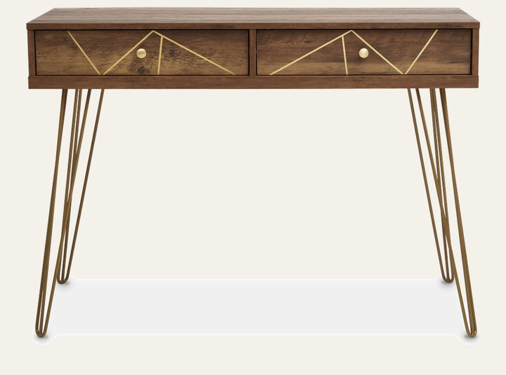 Elian Wood Console Table with rectangular warm brown wood top and two front drawers, gold geometric inlay and round brass knobs, supported by brass-finished hairpin metal legs.