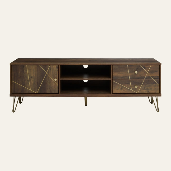 Elian Wood Media Unit — low walnut-tone wood console with central double open shelves and cable cutouts, left cabinet door and two right drawers with gold geometric inlay and round brass knobs, on gold hairpin legs.