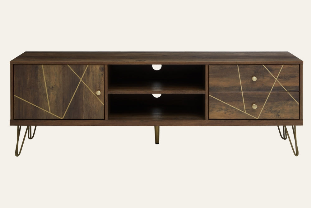 Elian Wood Media Unit, low rectangular dark brown wood finish media console with brass-tone geometric inlay on cabinet and drawers, central open shelving with cable holes, round brass-tone knobs and brass-tone hairpin legs.