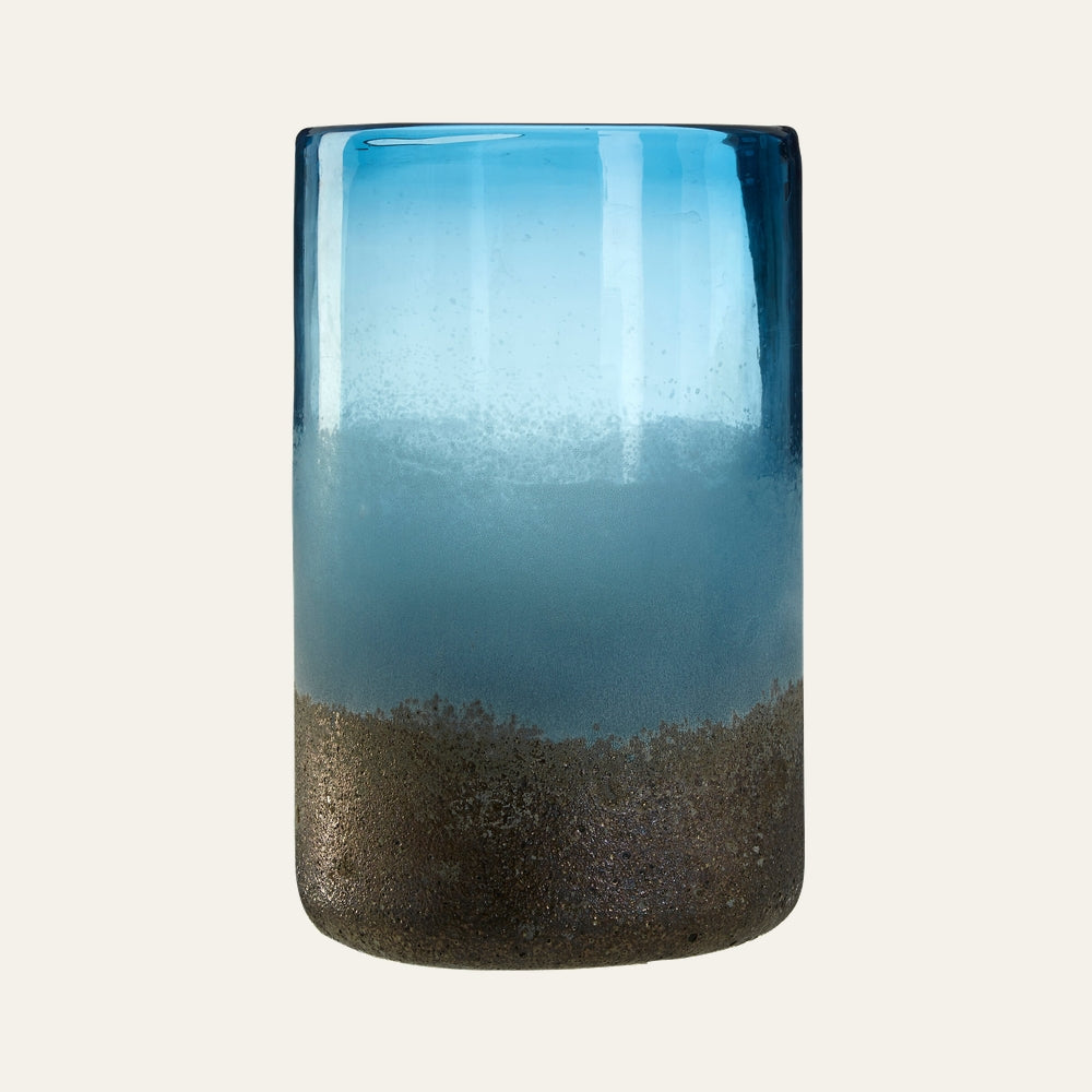 Elirisa Sand Effect Vase, tall cylindrical blue ombre glass with sandy textured brown base