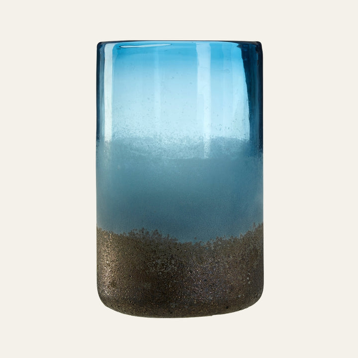 Elirisa Sand Effect Vase, tall cylindrical blue ombre glass with sandy textured brown base