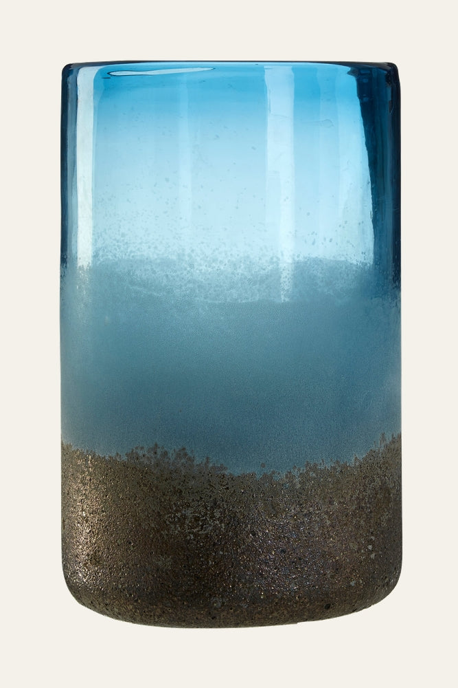 Elirisa Sand Effect Vase — tall cylindrical blue glass vase with ombre fade and a textured brown sand-effect base