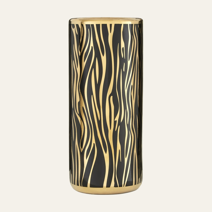 Elivena Ceramic Coat & Umbrella Stand — tall cylindrical glossy ceramic stand in black with metallic gold zebra-style stripes and gold rim and base