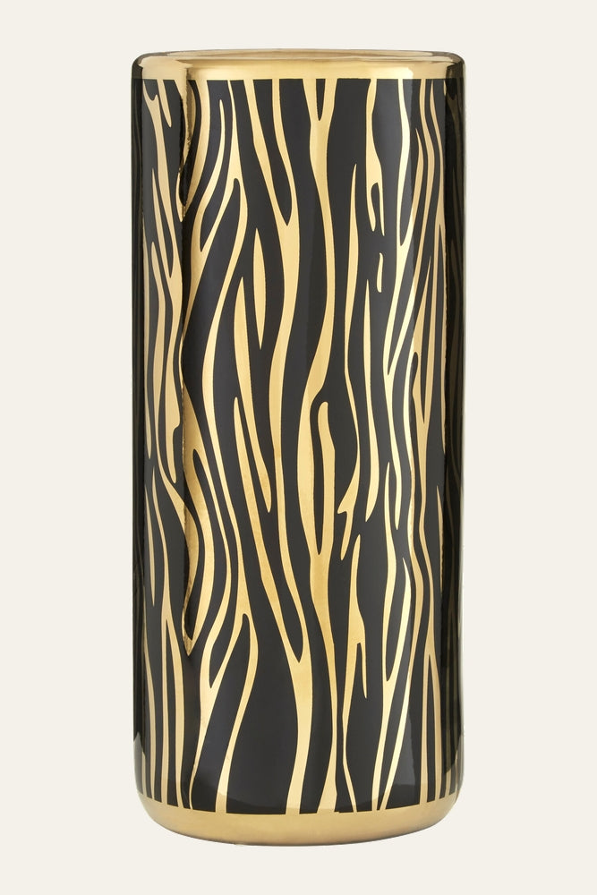Elivena Ceramic Coat & Umbrella Stand, tall glossy black ceramic cylinder with metallic gold zebra-style stripe pattern