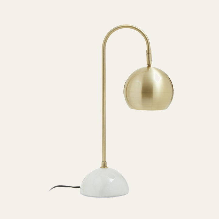 Elran Globe Desk Lamp with brushed brass arched stem and globe shade, white marble dome base and visible black power cord