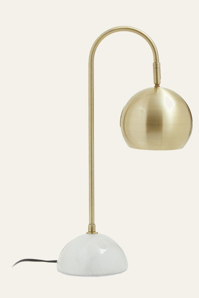 Elran Globe Desk Lamp with brushed brass arched stem and globe shade, white marble dome base and visible black cord