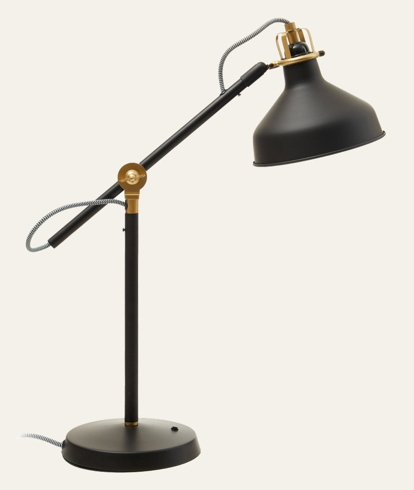 Elran Metal Desk Lamp with adjustable black metal arm and conical shade, brass accents, round base, and black-and-white braided cord