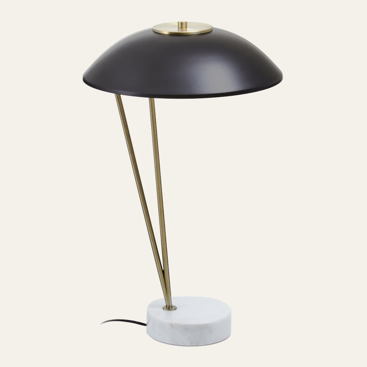 Elran Metal Shade Table Lamp with black metal dome shade, brass V-shaped stem and round white marble base