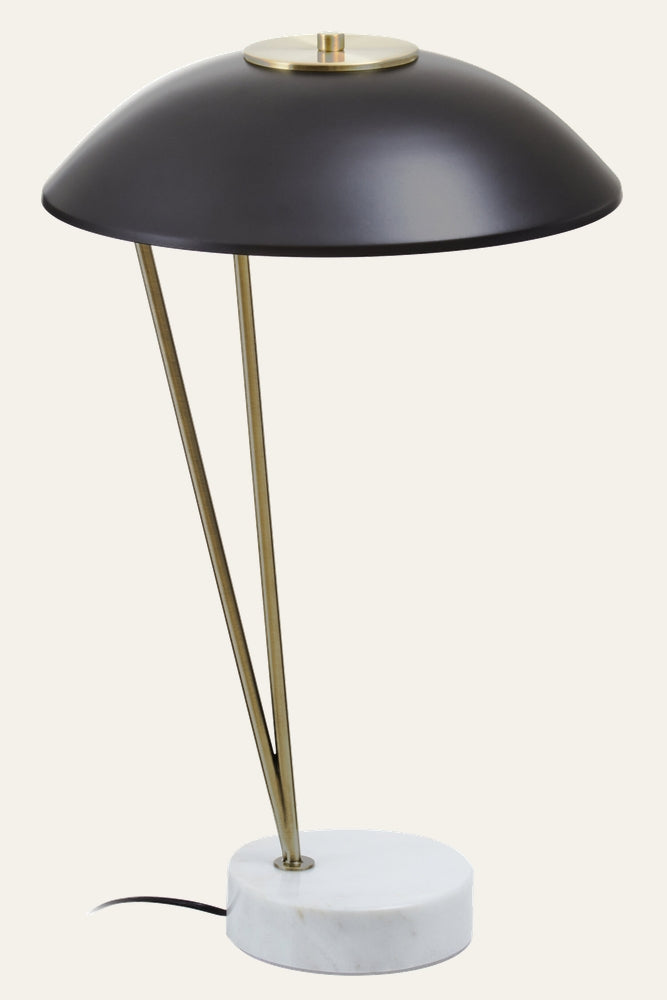 Elran Metal Shade Table Lamp with black metal dome shade and brass top, twin angled brass-finish rods, round white marble base and visible black cord
