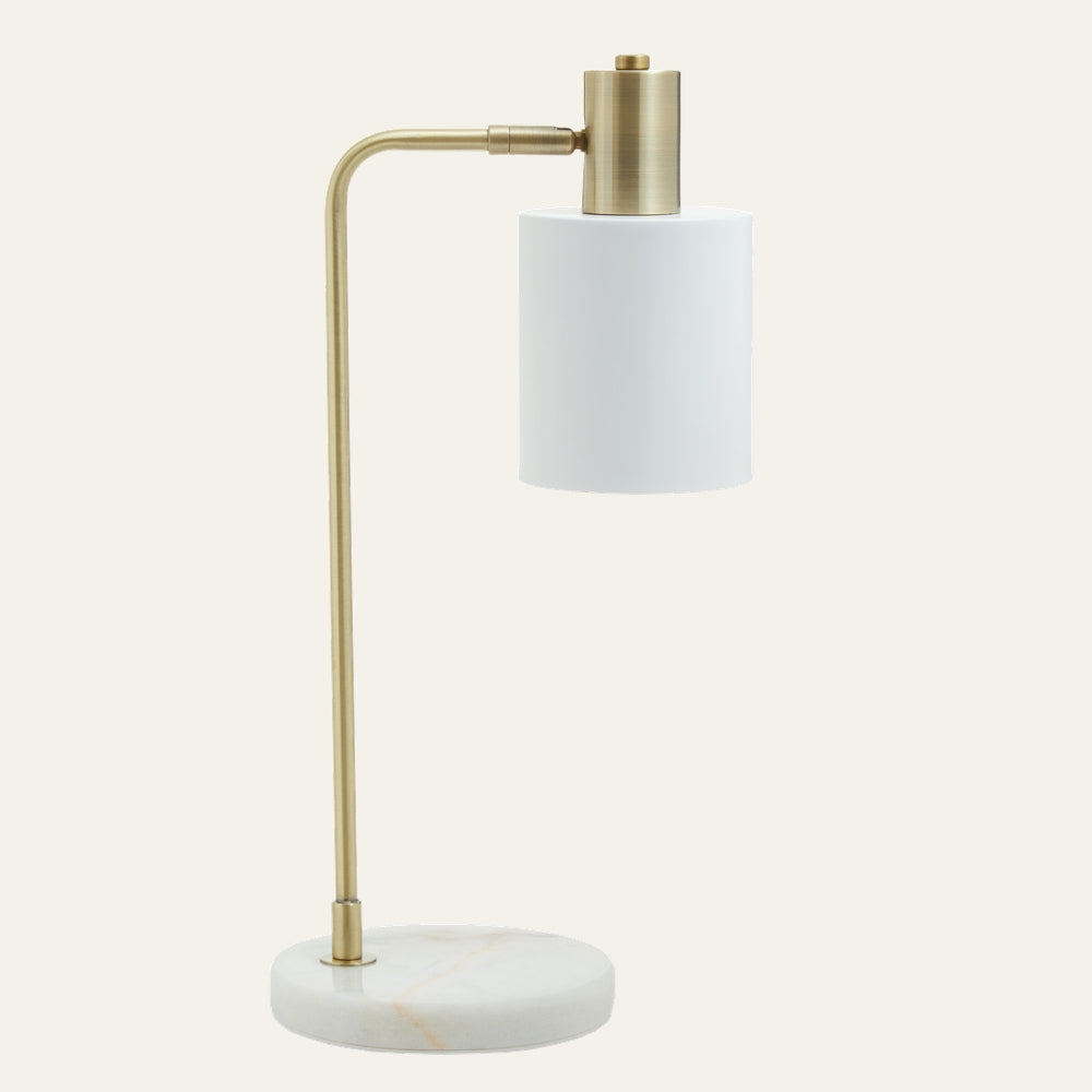 Elran White Shade Marble Desk Lamp with cylindrical white shade, brushed brass arm and fittings, and round white marble base with subtle veining