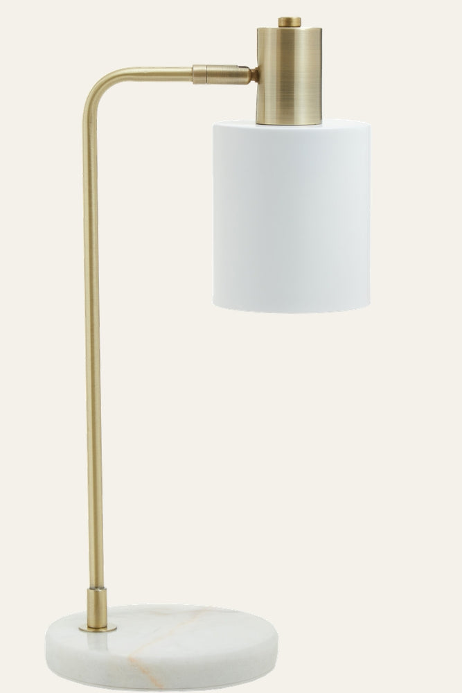 Elran White Shade Marble Desk Lamp with cylindrical white shade, brushed brass curved arm and hardware, round white marble base with subtle veining