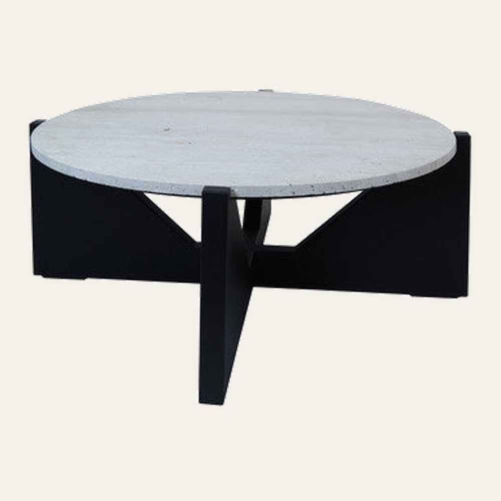 Elsen Travertine Coffee Table with round light travertine top and black geometric three-pronged base