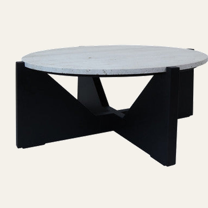 Elsen Travertine Coffee Table with round light travertine top and low angular black X-shaped base